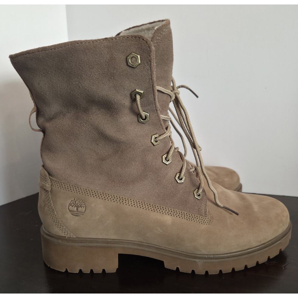Timberland Jayne WP Taupe Leather Lace Up Teddy Fleece Lined Fold Down Boots 9.5